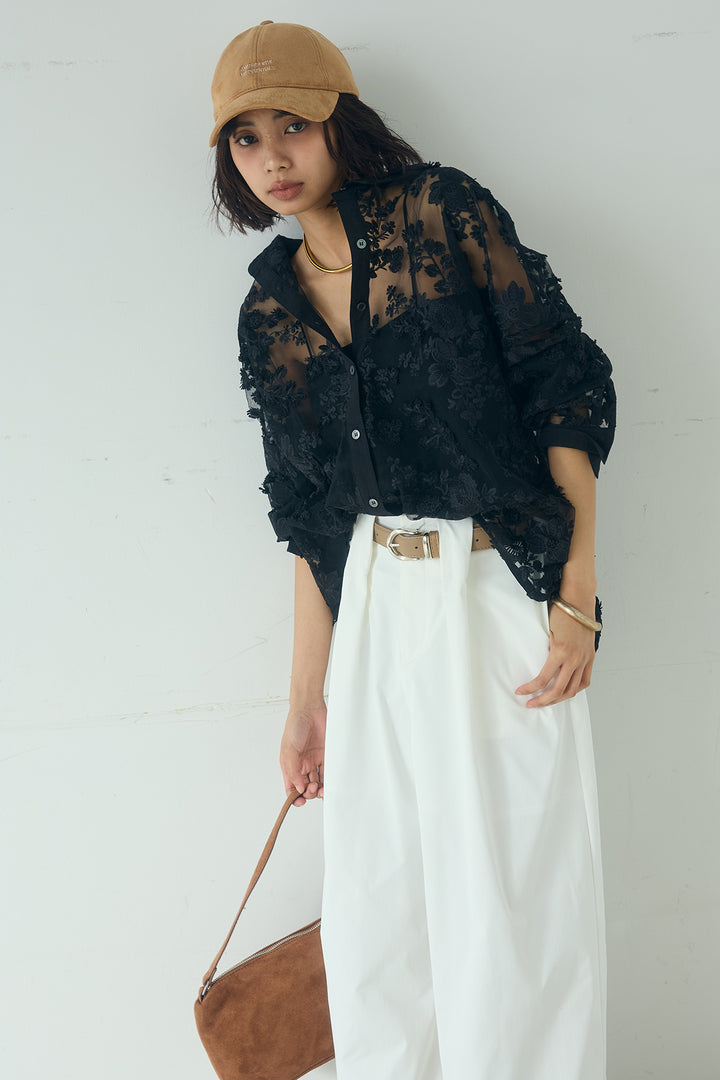 [SET]立体フラワー刺繍レースシャツ+ベルトループデザインハイウエストタックパンツ(2set)