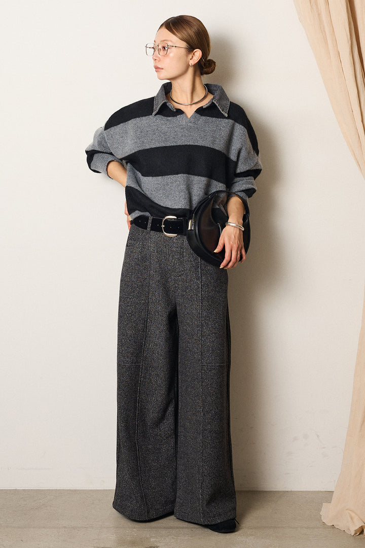 [SET]デニムカラーボーダールーズニット+太ベルト付きツイードワイドパンツ(2set)