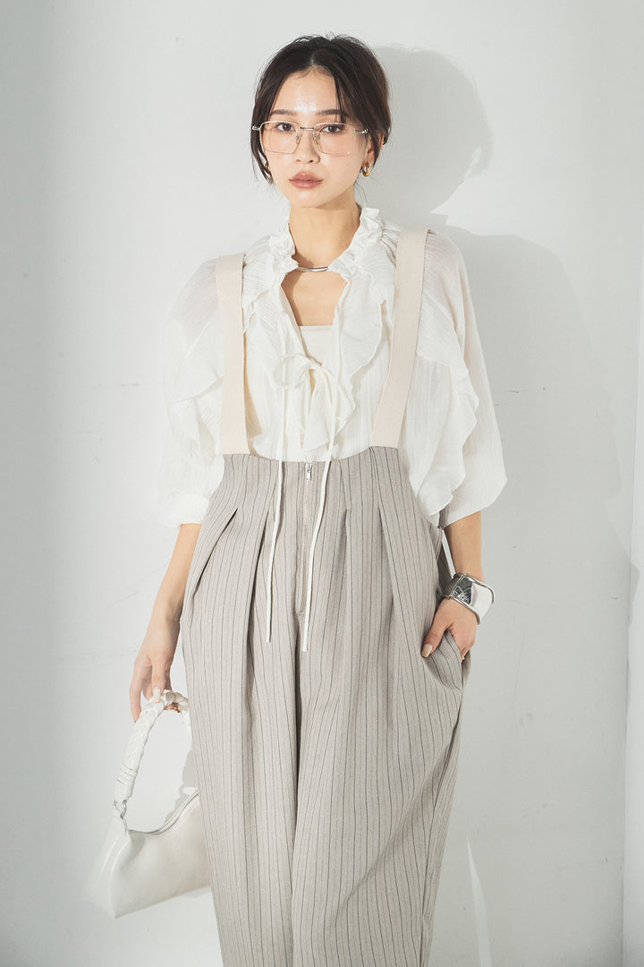 [SET]フロントリボンフリルブラウス+ピンストライプツータックサロペット(2set)
