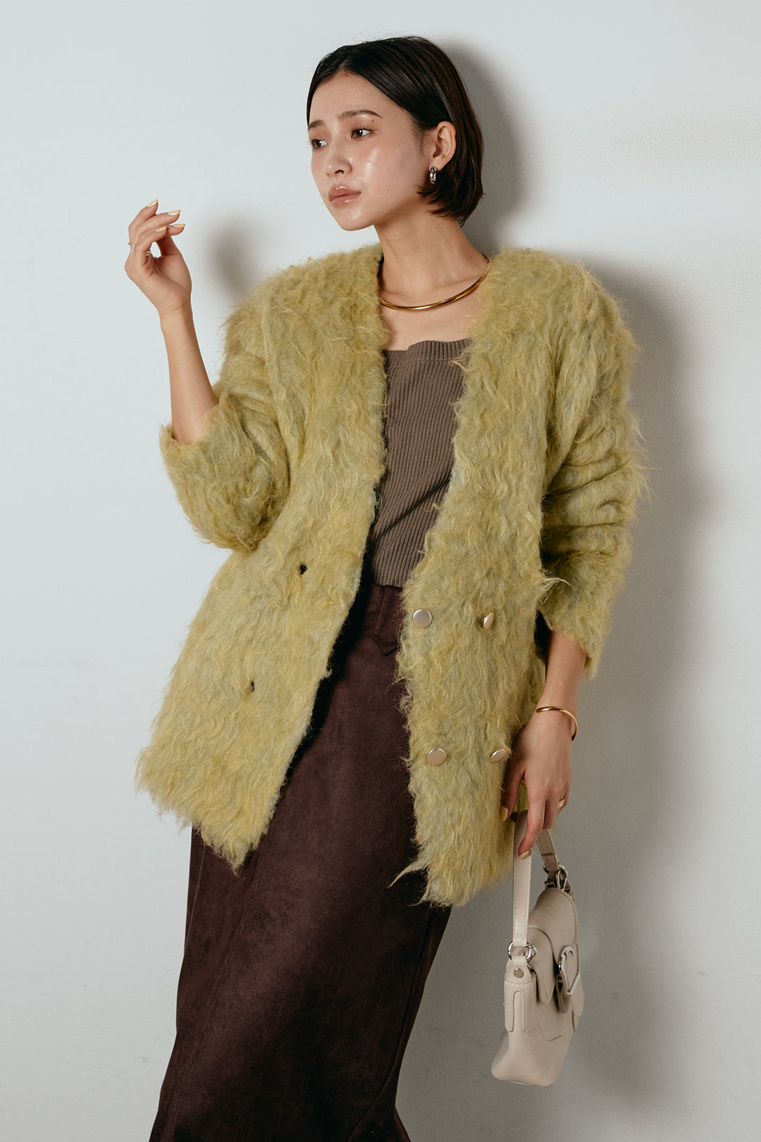 [SET]ウェーブシャギーニットジャケット+スウェードライク裾フリンジスカート(2set)