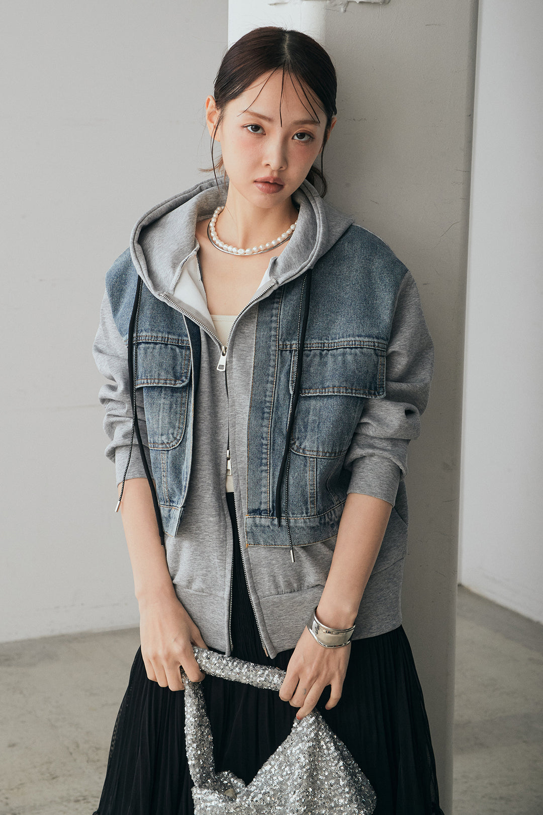 [SET]デニム切替ポンチダブルジップパーカー+ボリュームシルエットチュールスカート(2set)