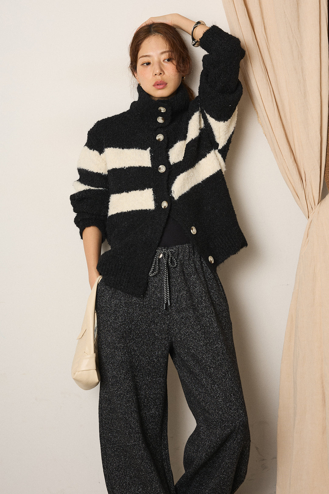 [SET]ハイネックボーダーニットカーディガン+杢ニットフレアパンツ(2set)