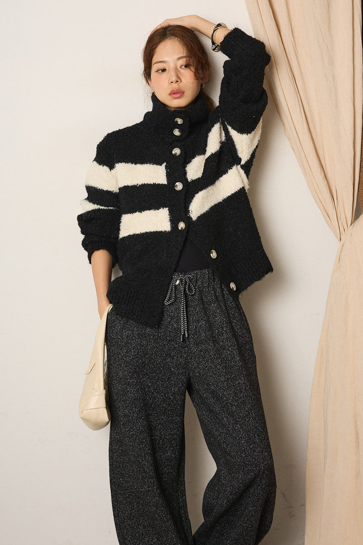 [SET]ハイネックボーダーニットカーディガン+杢ニットフレアパンツ(2set)