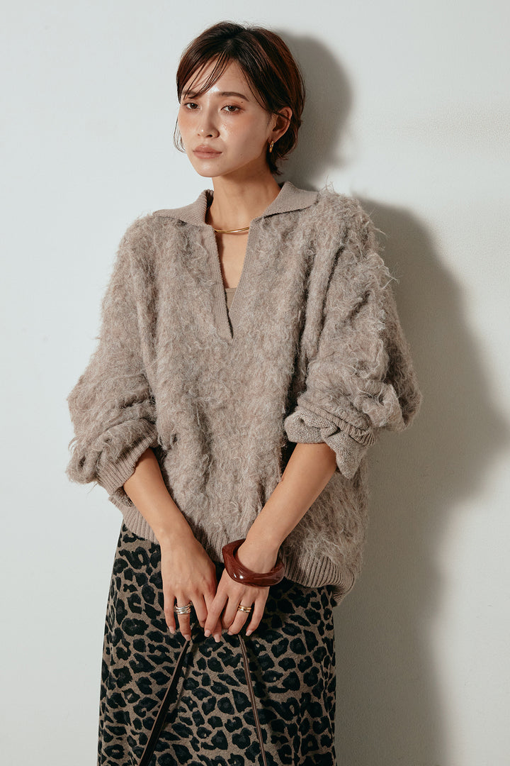 [SET]襟付きシャギーニットポロトップス+レオパードロングスカート(2set)