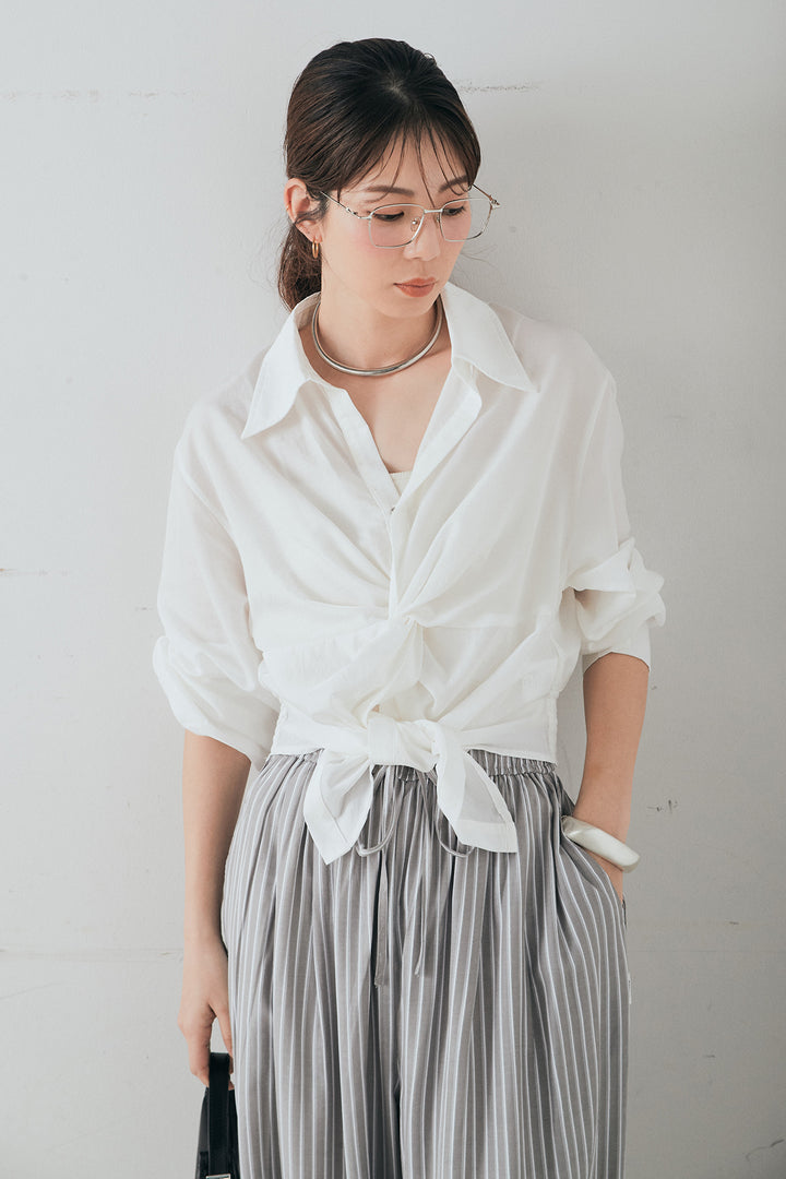 [SET]裾巻きツイストデザインシャツ+レーヨンストライプイージーワイドパンツ(2set)