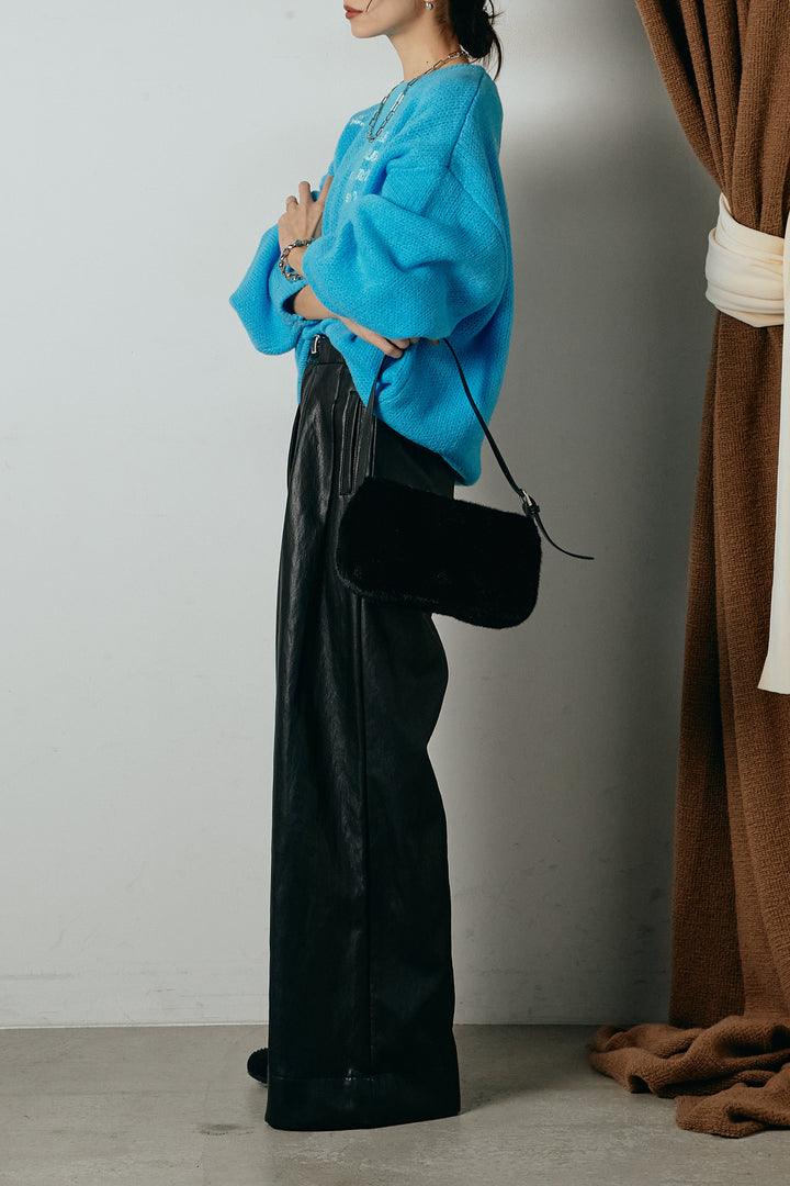 [SET]刺繍ロゴランダムデザインニットトップス+ベルト付きレザーライクタックパンツ(2set)