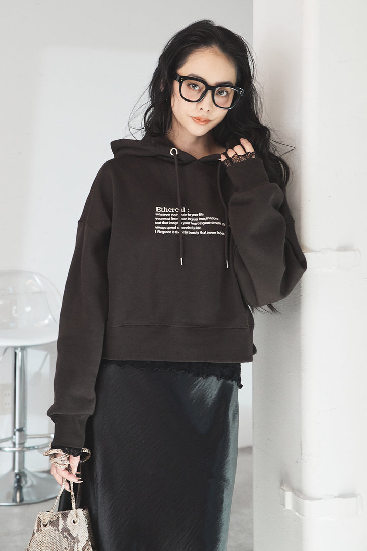 [SET]裏起毛レタリング刺繍フーディショートプルオーバー+ストレッチレースクルーネックインナー(2set)