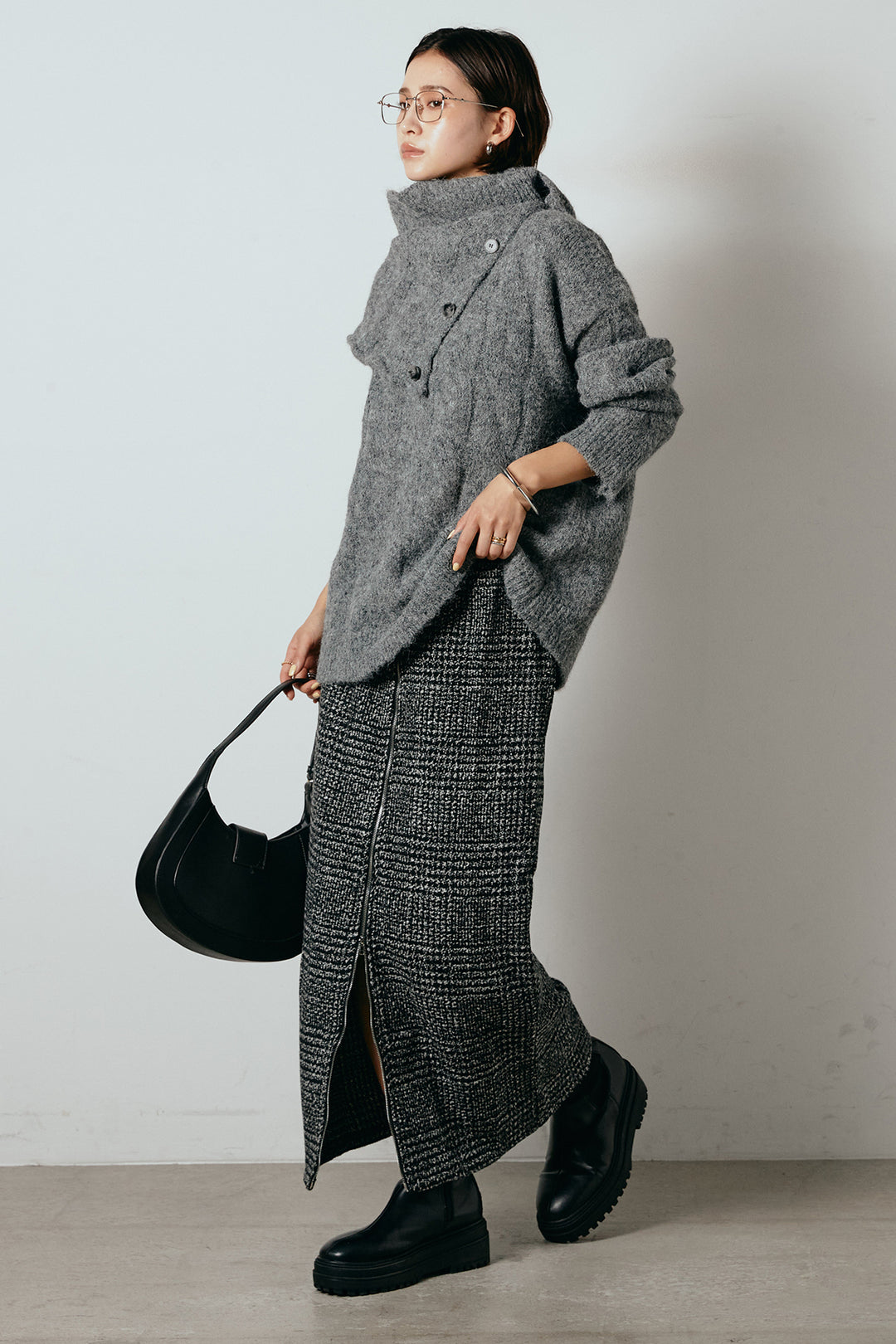 [SET]ケープデザインケーブルニットトップス+グレンチェック柄フロントジップタイトスカート(2set)