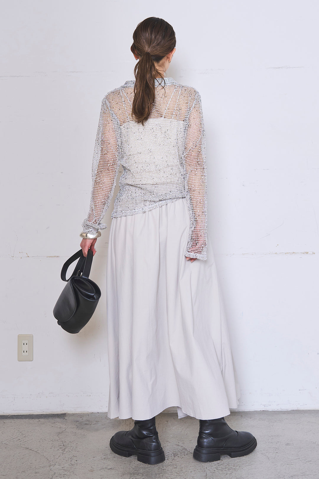 [SET]ネップメッシュポロ襟カーディガン+ラップレイヤードアシンメトリーデザインスカート(2set)