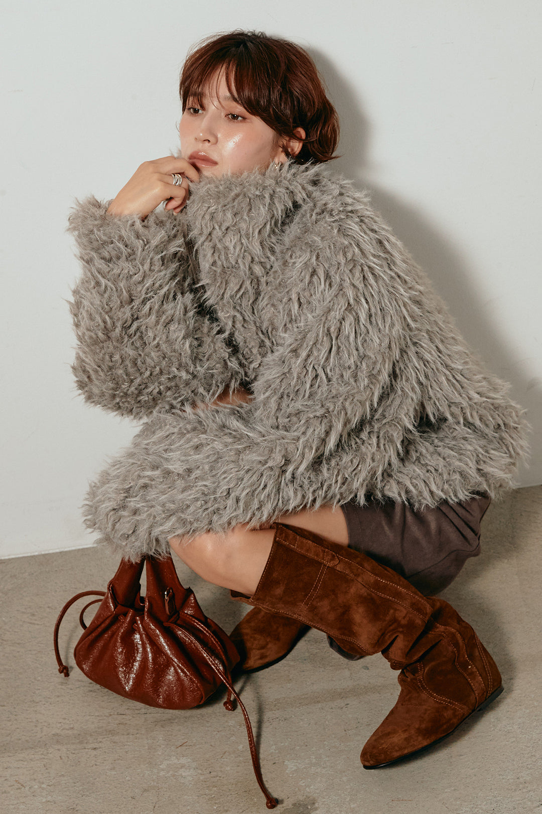 [SET]ミックスシープファースタンドブルゾン+フェイクスウェードハーフパンツ(2set)