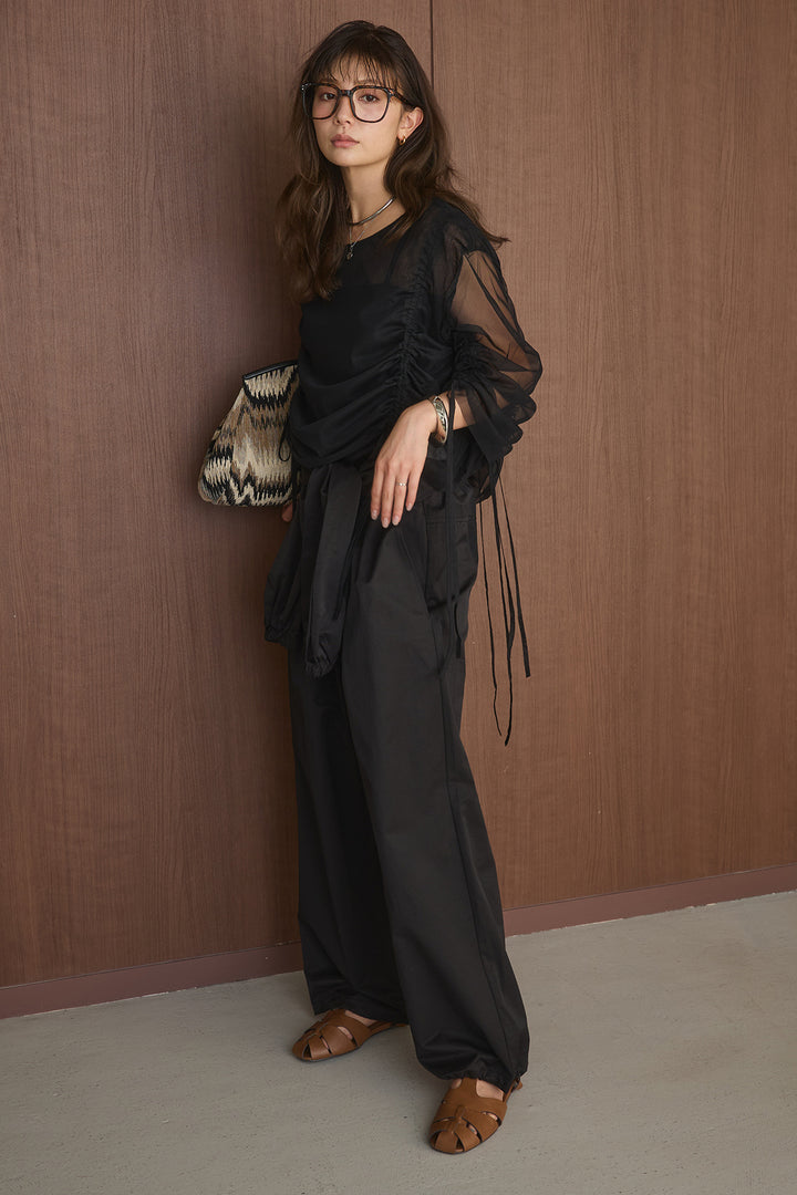 [SET]シアー紐ギャザーブラウス+合繊維ツイルウエスト巻きジョガーパンツ(2set)