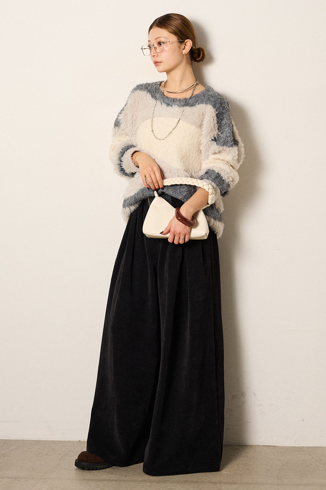 [SET]シャギーウェーブ柄クルーネックニットトップス+ベルトループコーデュロイワイドパンツ(2set)