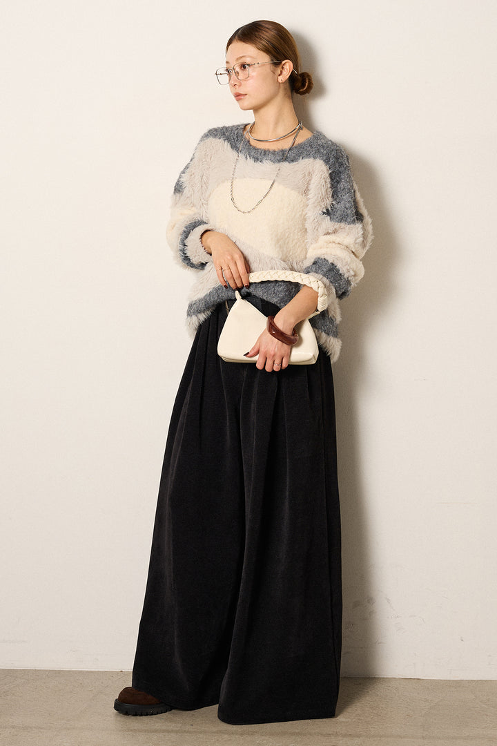 [SET]シャギーウェーブ柄クルーネックニットトップス+ベルトループコーデュロイワイドパンツ(2set)