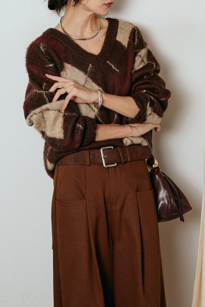 [SET]アクリルモヘアアーガイルVネックプルオーバー+太ベルト付きタックデザインワイドパンツ(2set)