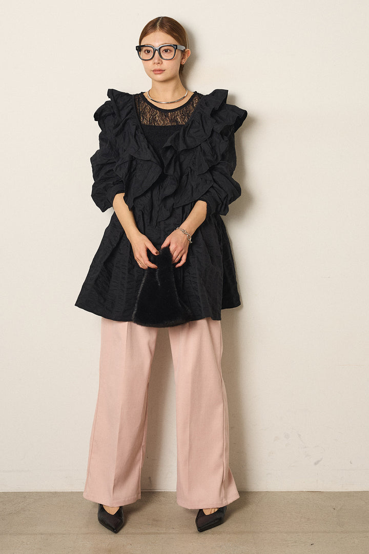 [SET]Vネックフリルカラーブラウス+ツイルスプリングカラータックパンツ(2set)