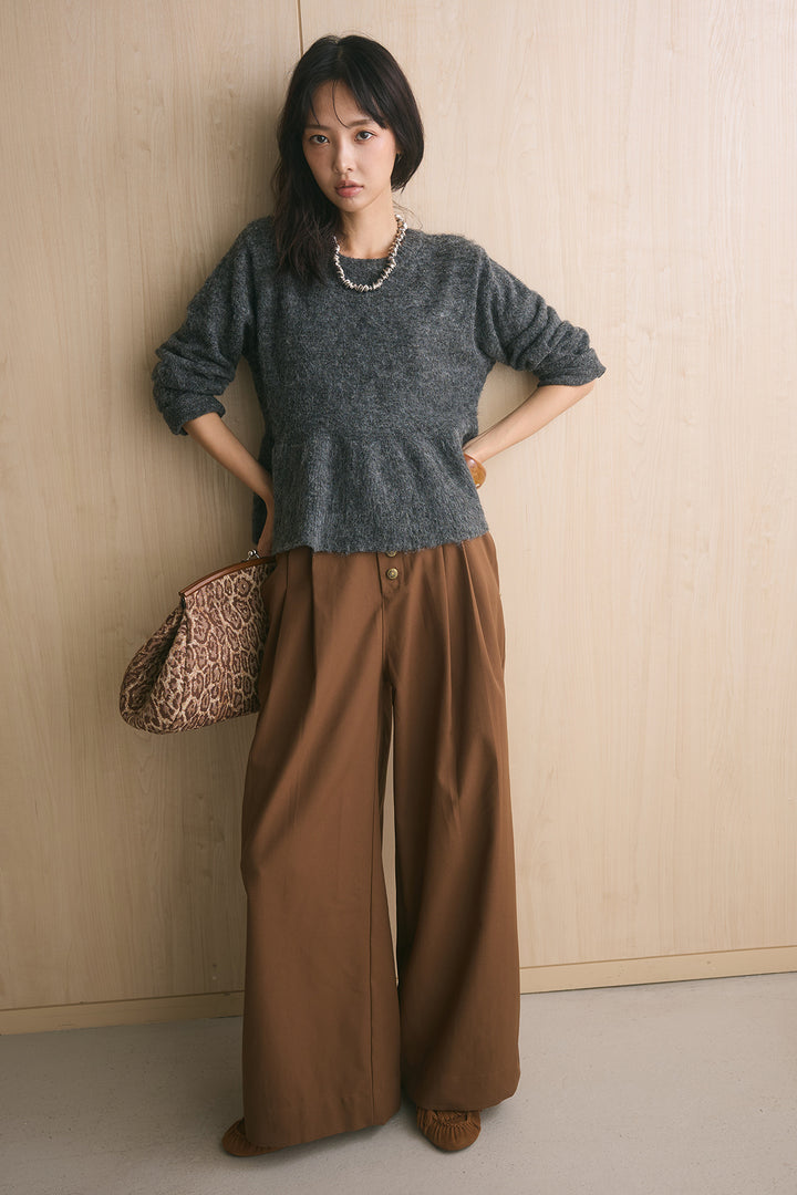 [SET]モヘアぺプラムクルーネックプルオーバー+ファイブボタンツータックワイドパンツ(2set)