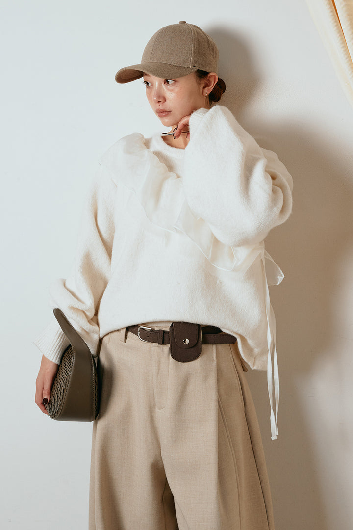 [SET]アシンメトリーフリルニットトップス+ポーチベルト付きカーブパンツ(2set)