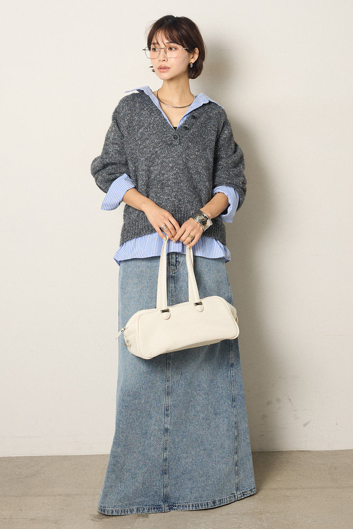 [SET]ストライプシャツドッキングニットポロトップス+デニムロングフレアスカート(2set)