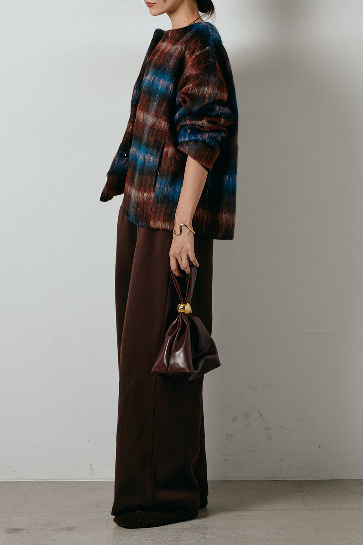 [SET]ノーカラーシャギーチェックアウター+裏起毛スウェットワイドパンツ(2set)