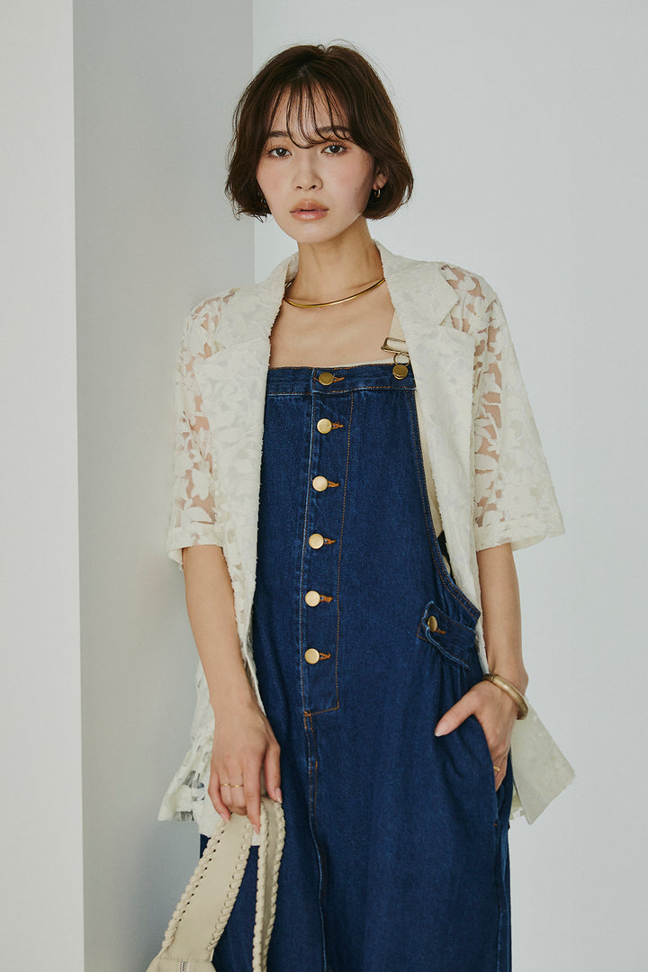 [SET]シアージャガードハーフスリーブテーラードジャケット+配色ショルダーデニムサロペットスカート(2set)