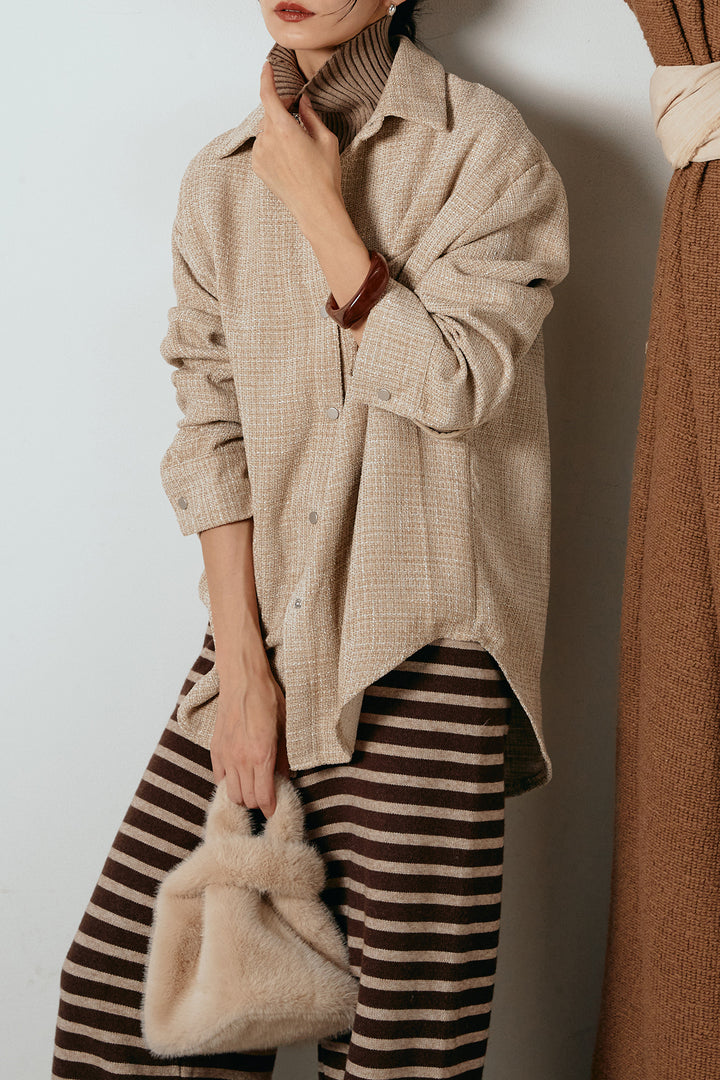 [SET]ルーズクラッシュツイルシャツ+リブニットシームレスタートルプルオーバー+ボーダーリラックスニットパンツ(3set)