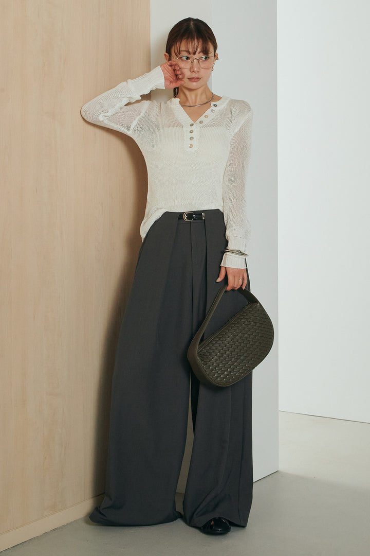 [SET]ヘンリーネックダメージニットプルオーバー+ビックベルトループタックベルト付きワイドパンツ(2set)