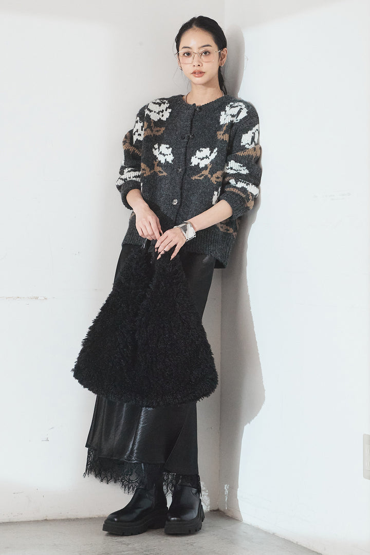 [SET]花柄ジャガードニットカーディガン+裾レースデザインサテンスカート(2set)