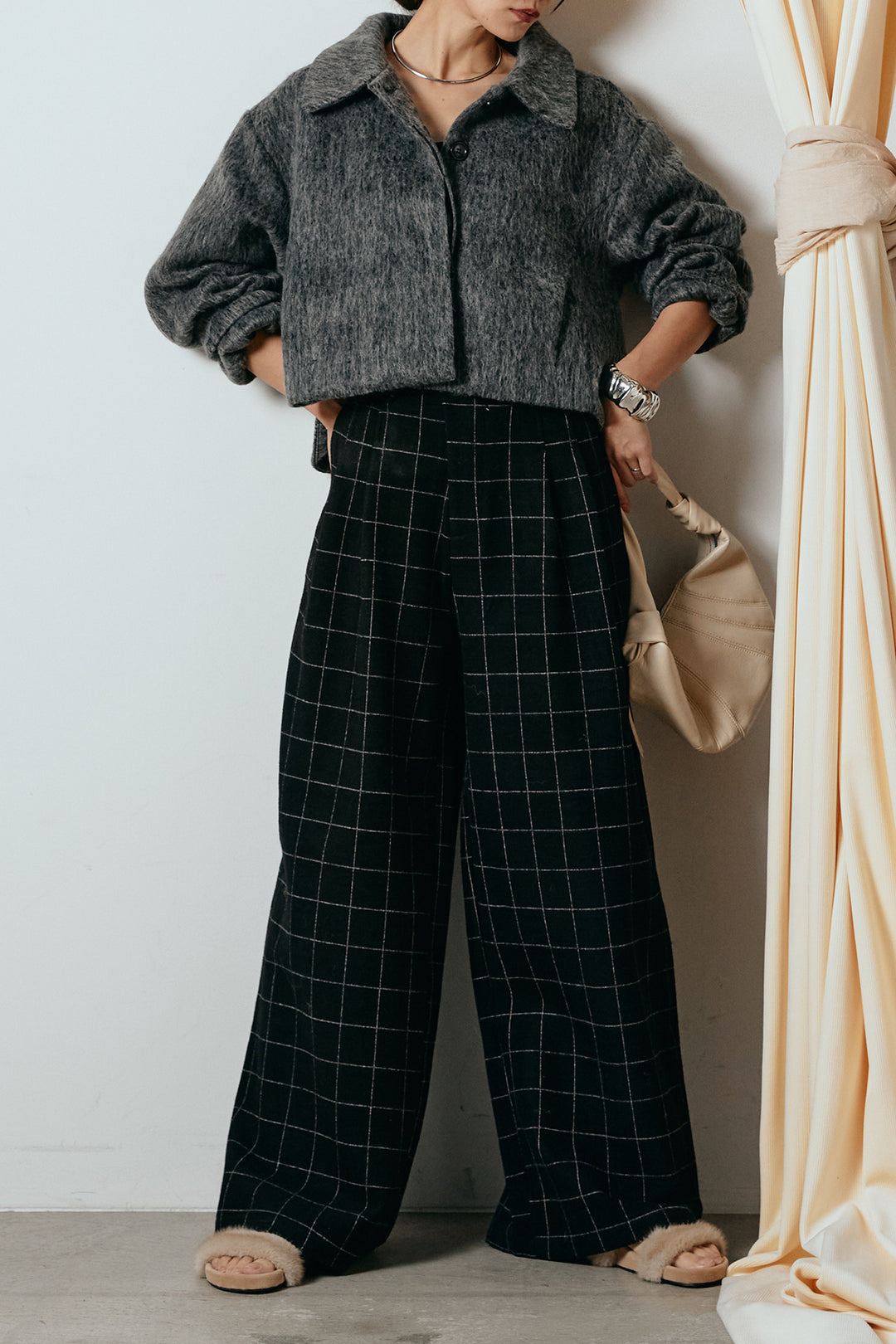 [SET]シャギーショートジャケット+スクエアチェック柄ワイドパンツ(2set)