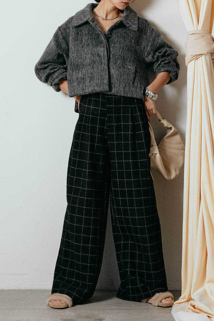 [SET]シャギーショートジャケット+スクエアチェック柄ワイドパンツ(2set)