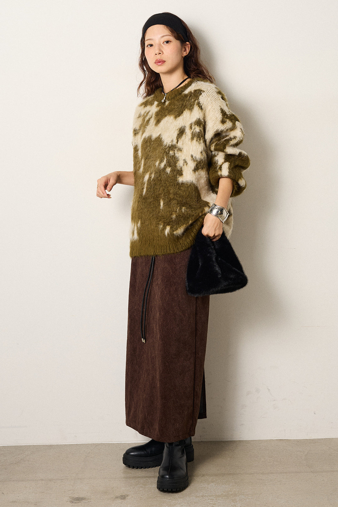 [SET]モヘアタッチマーブルニット+ロープベルト付きスウェード調スカート(2set)