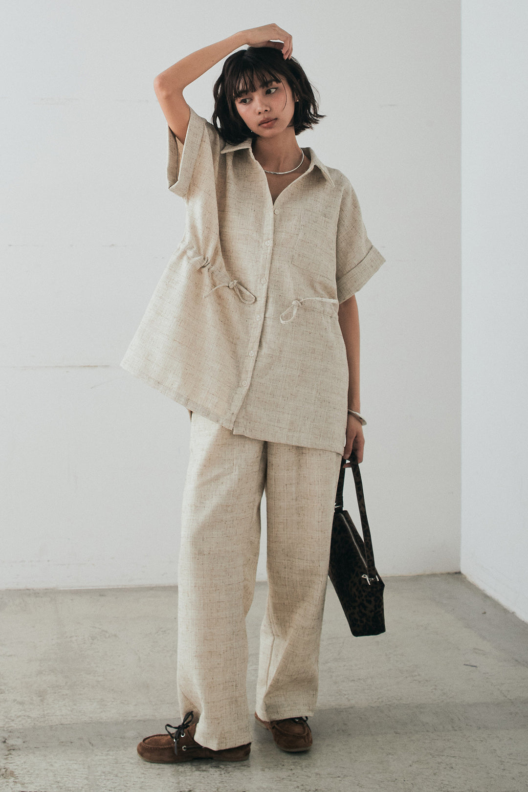 [SET]ツイードウエストドロストシャツ+ツイードタックパンツ(2set)