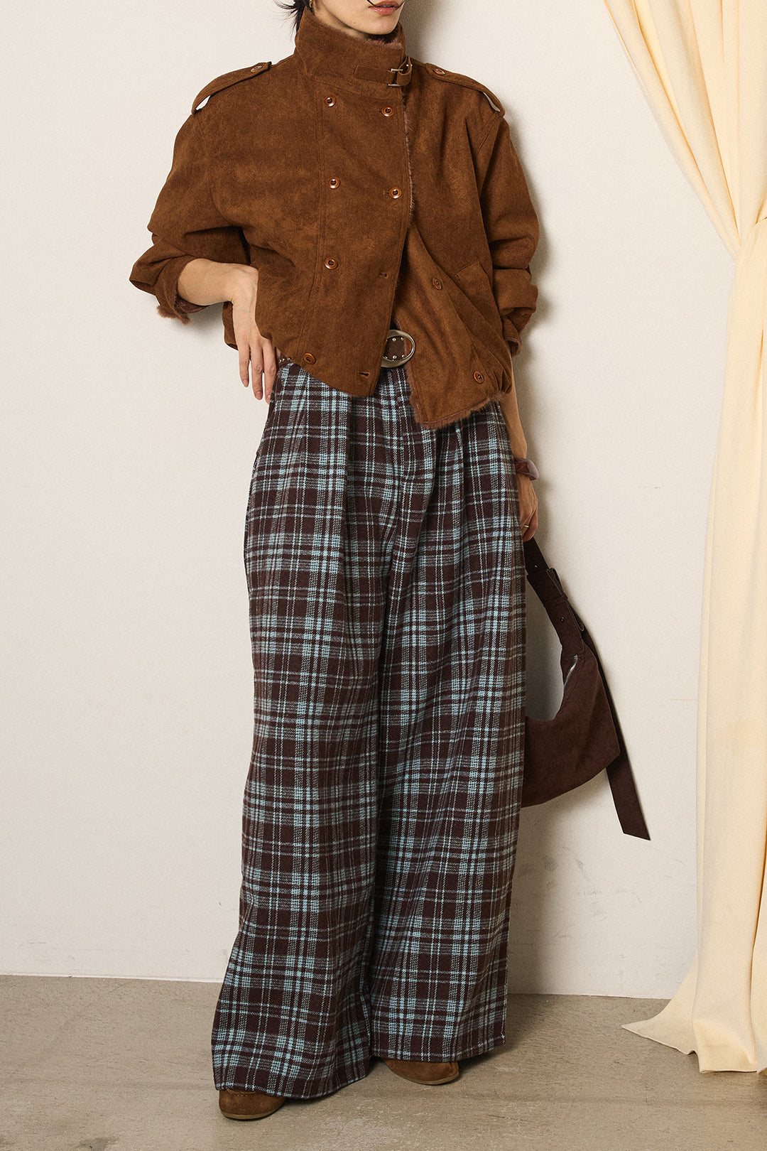 [SET]スタンド襟スウェードライクアウター+スタッズデザインベルトタータンチェックパンツ(2set)