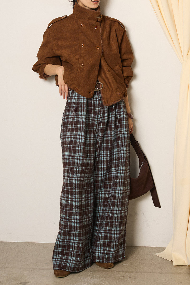 [SET]スタンド襟スウェードライクアウター+スタッズデザインベルトタータンチェックパンツ(2set)