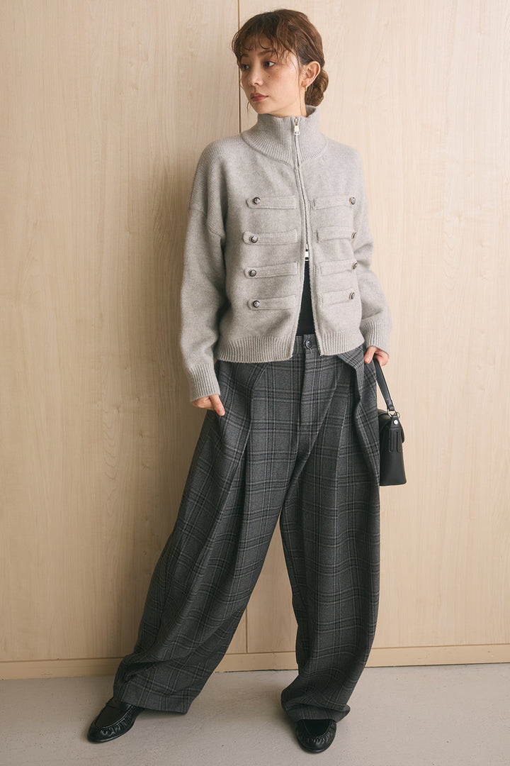 [SET]ナポレオンボタンハイネックニットブルゾン+ブリティッシュチェックバレルパンツ(2set)