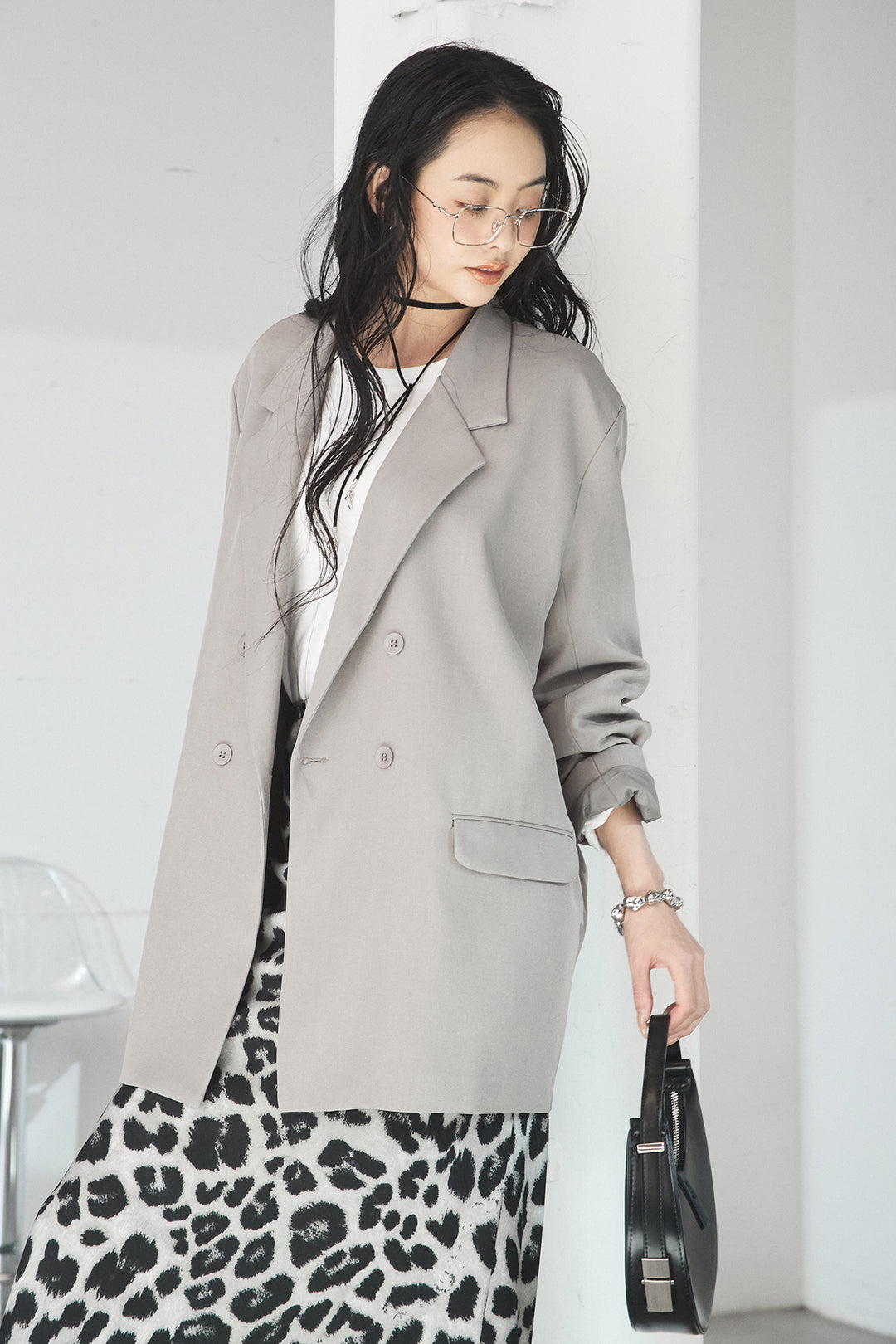 [SET]ルーズシルエットダブルテーラードジャケット+ストレッチロングTシャツ+レオパードサテンナロースカート(3set)