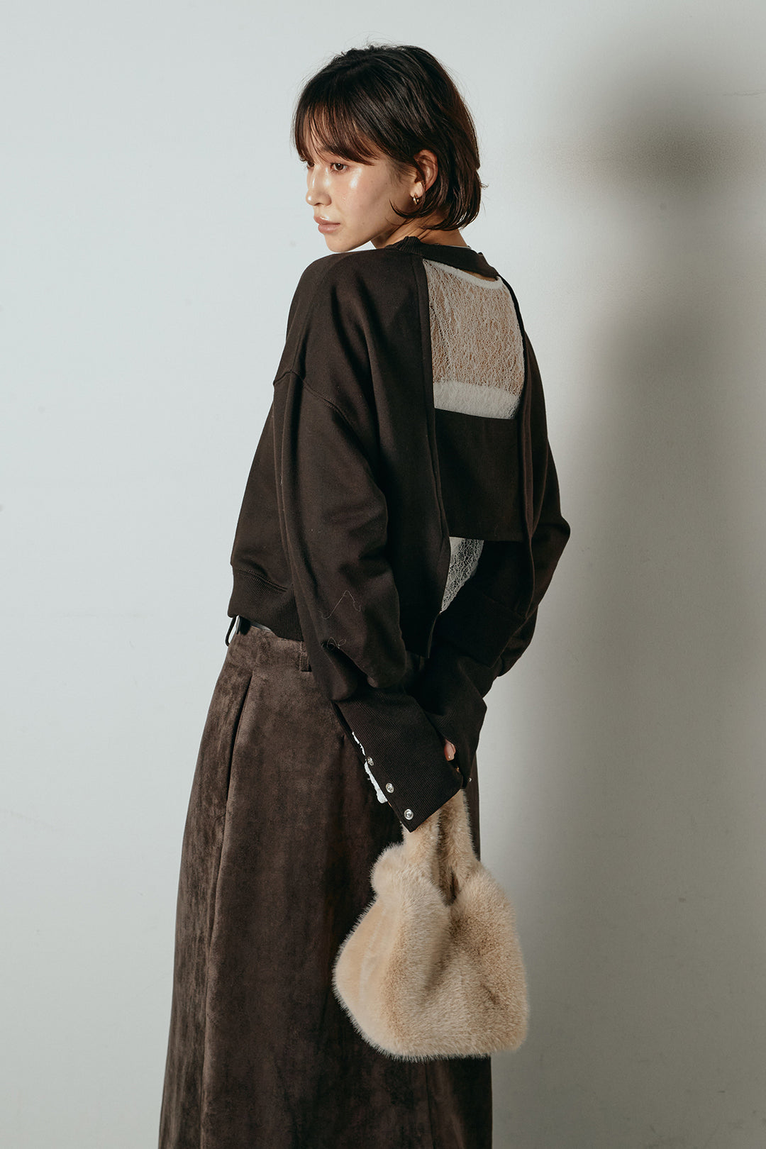 [SET]裏毛バックオープンプルオーバー+エコスウェードワイドスカート+ストレッチレースクルーネックインナー(3set)