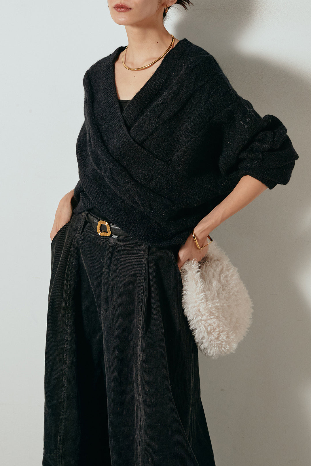 [SET]ケーブルカシュクールニットトップス+タック入りコーデュロイワイドパンツ(2set)