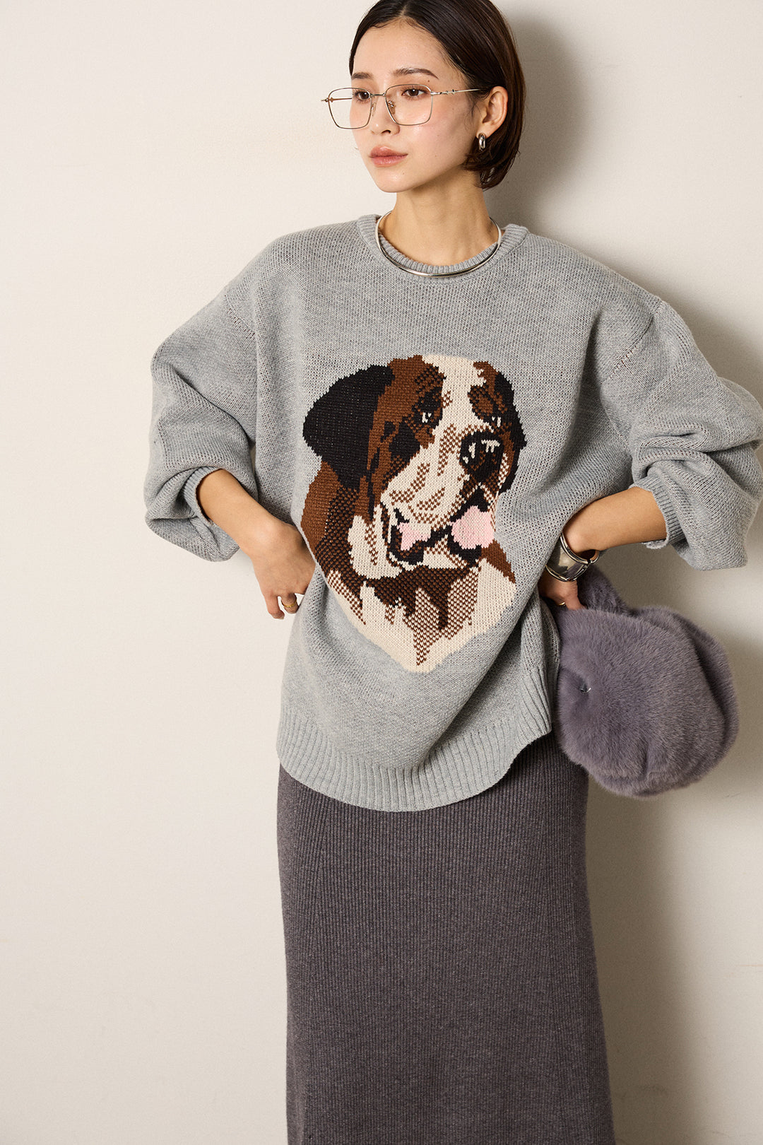 [SET]アニマルジャガード柄ニットトップス+リブナローニットスカート(2set)