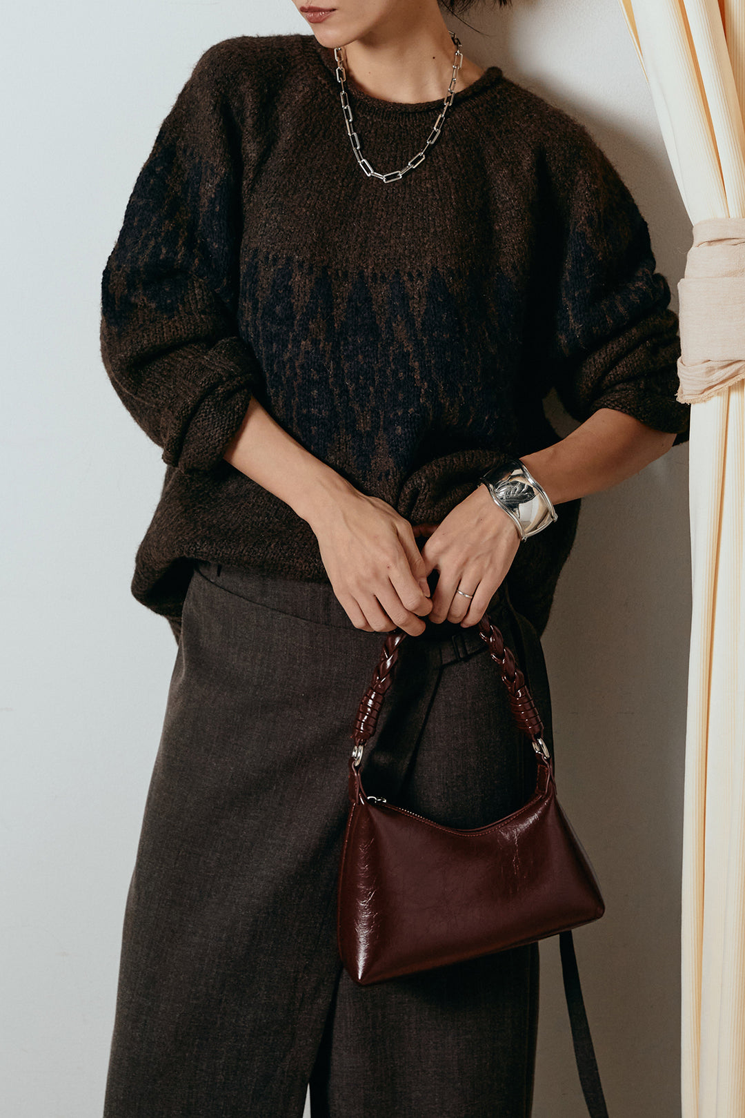 [SET]モノトーン柄ニットトップス+ラップ巻きワイドスラックス(2set)