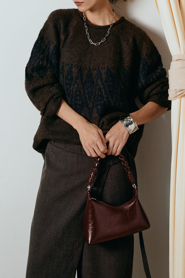 [SET]モノトーン柄ニットトップス+ラップ巻きワイドスラックス(2set)