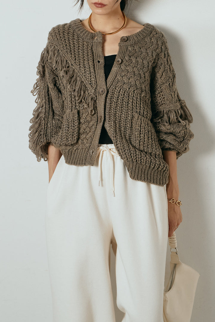 [SET]ランダムフリンジニットカーディガン+裏起毛スウェットワイドパンツ(2set)