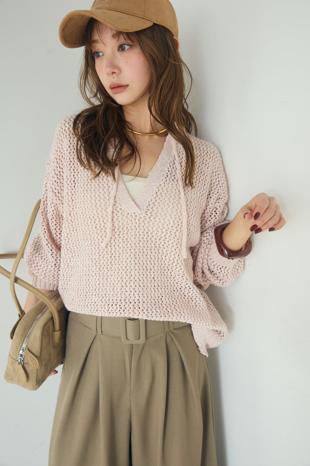 【即納】ミックスメッシュキーネックプルオーバー