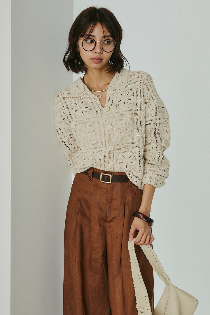 [SET]鍵編みフラワーレースカーディガン+タック入りワイドパンツ(2set)