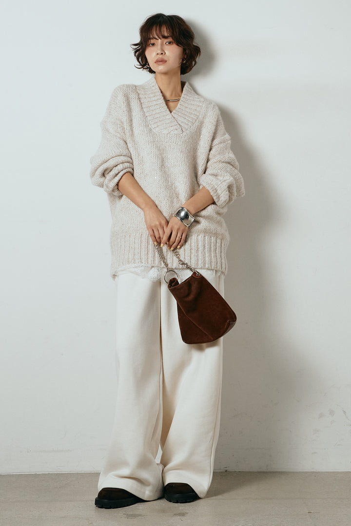 [SET]Vネックラメニットトップス+裏起毛スウェットワイドパンツ(2set)