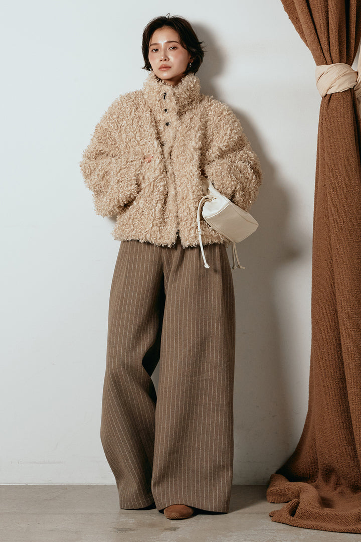 [SET]プードルファーミドルジャケット+ウールライクストライプパンツ(2set)
