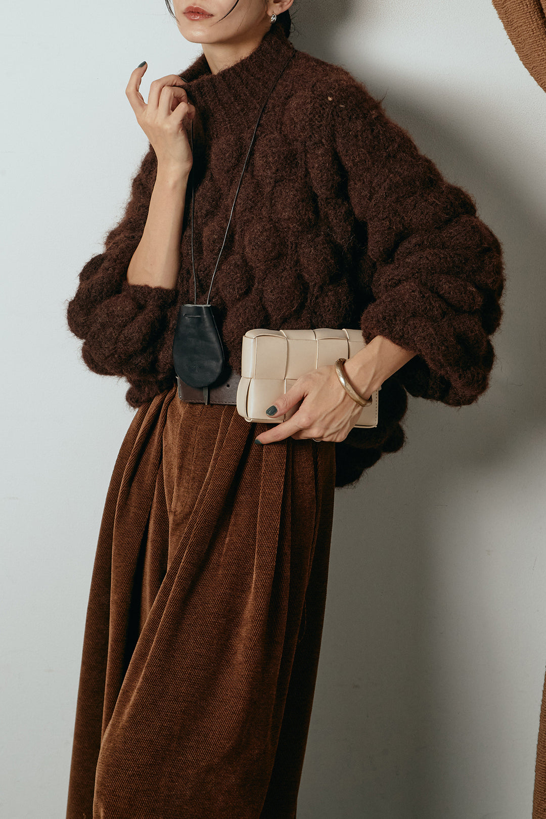 [SET]ボリュームポップコーンニットトップス+ベルトループコーデュロイワイドパンツ(2set)