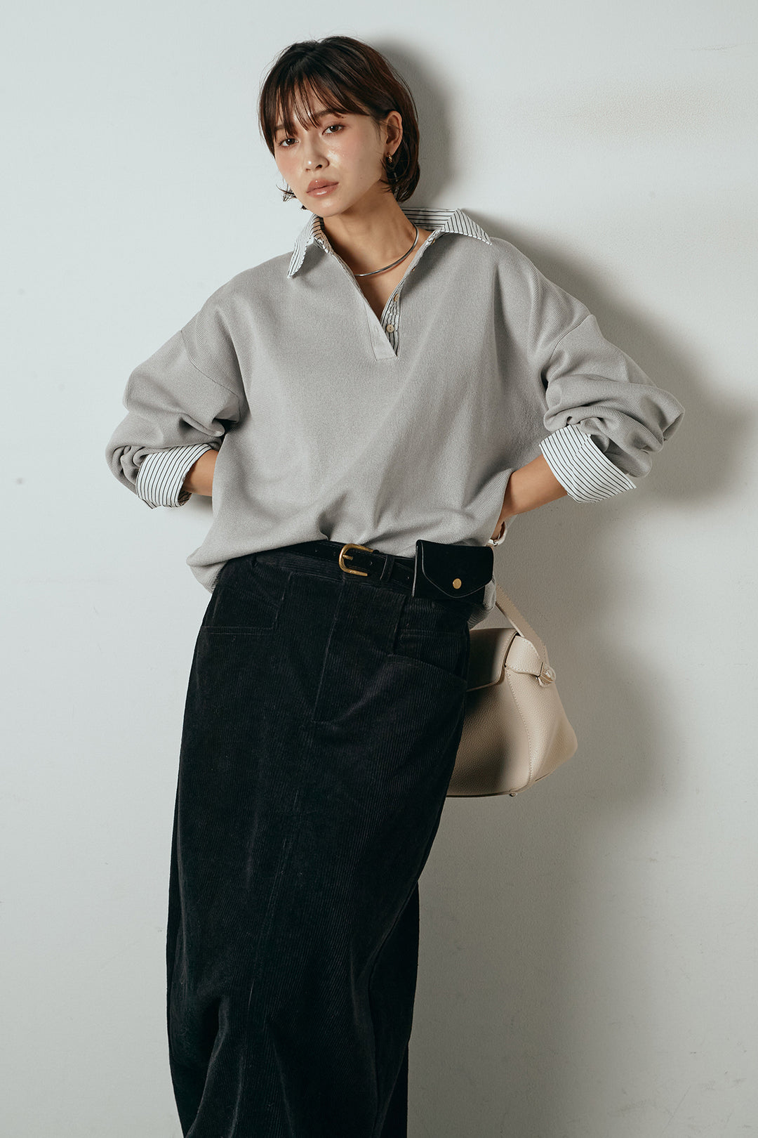 [SET]ストライプシャツドッキングポロトップス+ポーチベルト付きコーデュロイワイドスカート(2set)