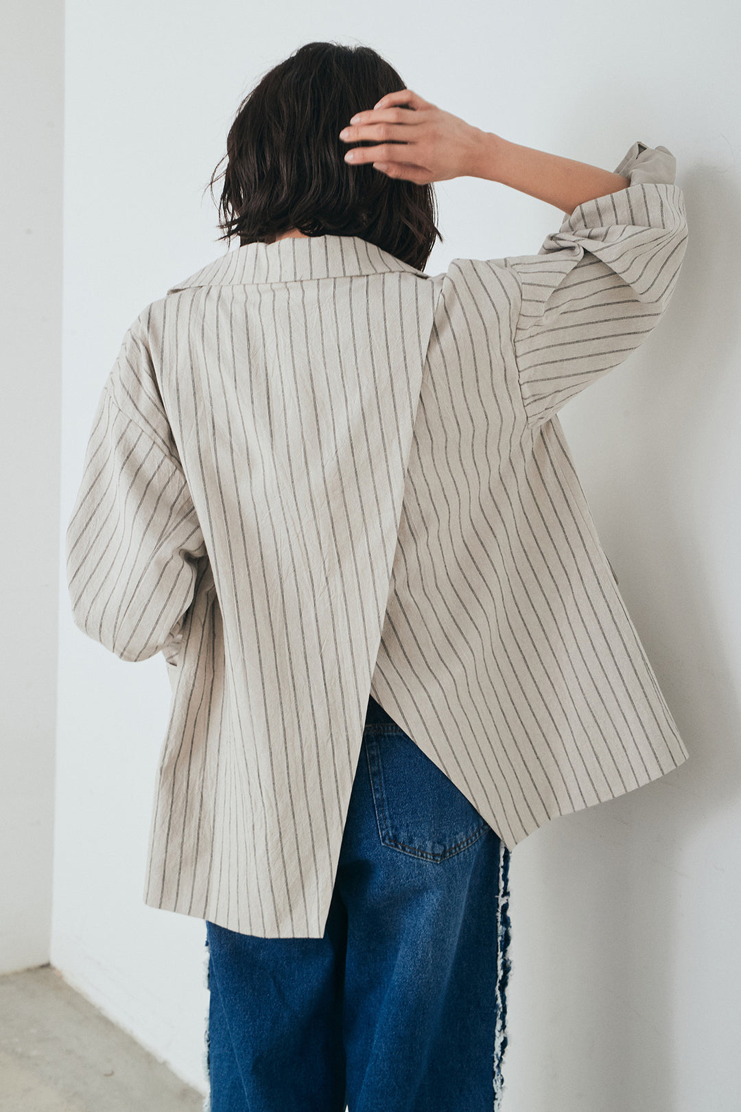 [SET]リネンライクストライプテーラードジャケット+デニムサイドフリルパンツ(2set)