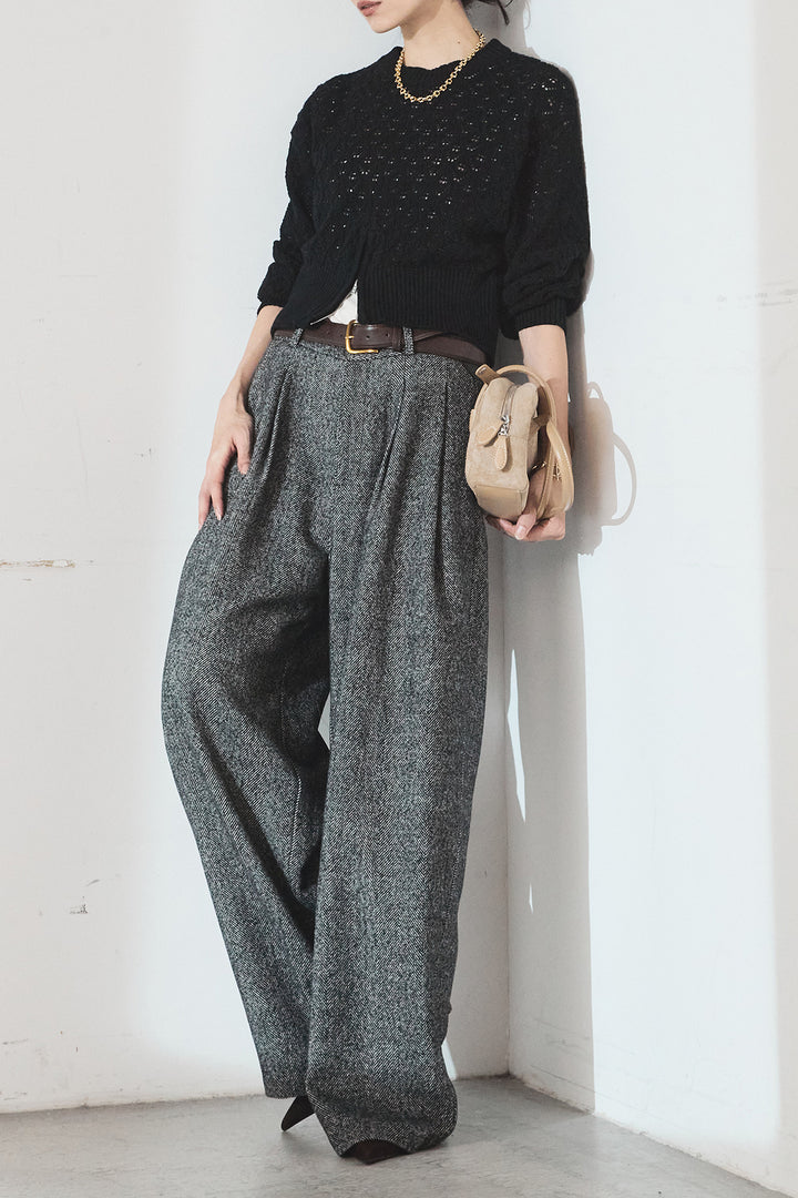[SET]透かし編みニットジップスリットプルオーバー+タックツイードワイドパンツ(2set)