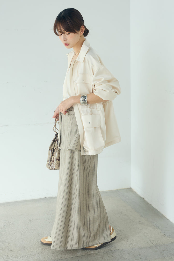 [SET]サテンライトブルゾン+ラップ巻きピンストライプワイドスカート(2set)